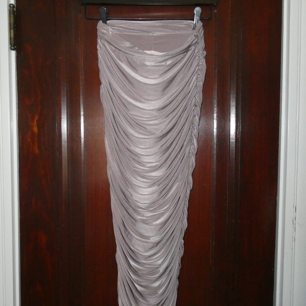 Ruched Bodycon Midi Skirt | Silky Taupe | Size 2